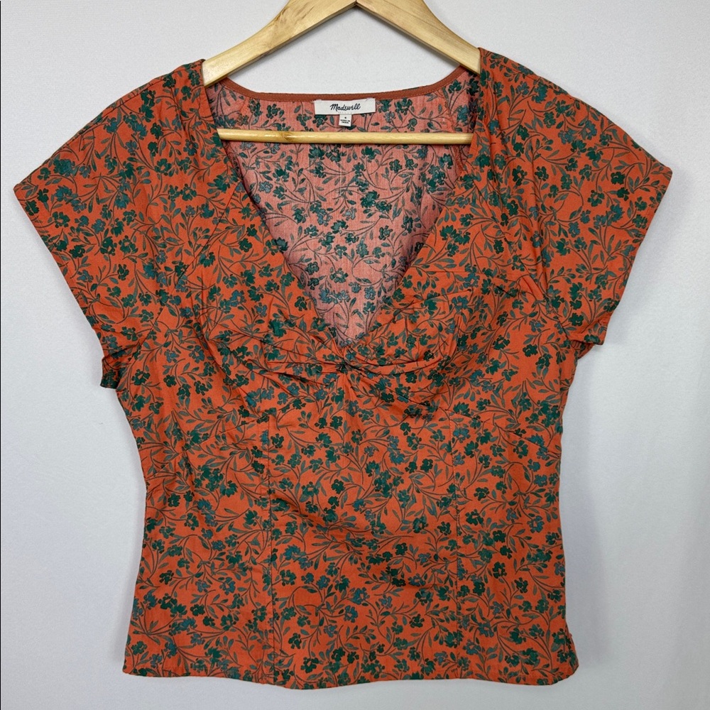 Madewell Amari Twist Detail Shirt Sunset Haze Orange Green Size 4 V Neck - Picture 7 of 15